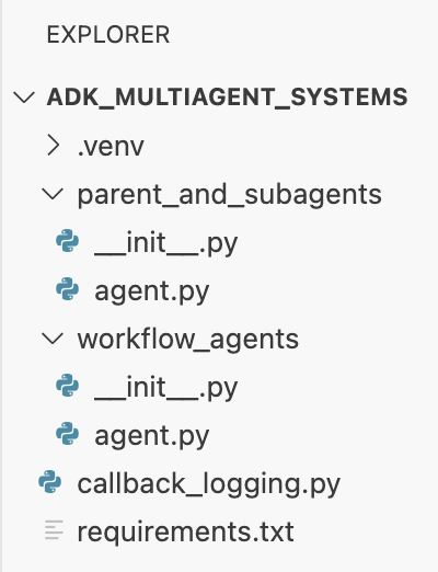 Explorer panel showing the open adk_multiagent_systems folder