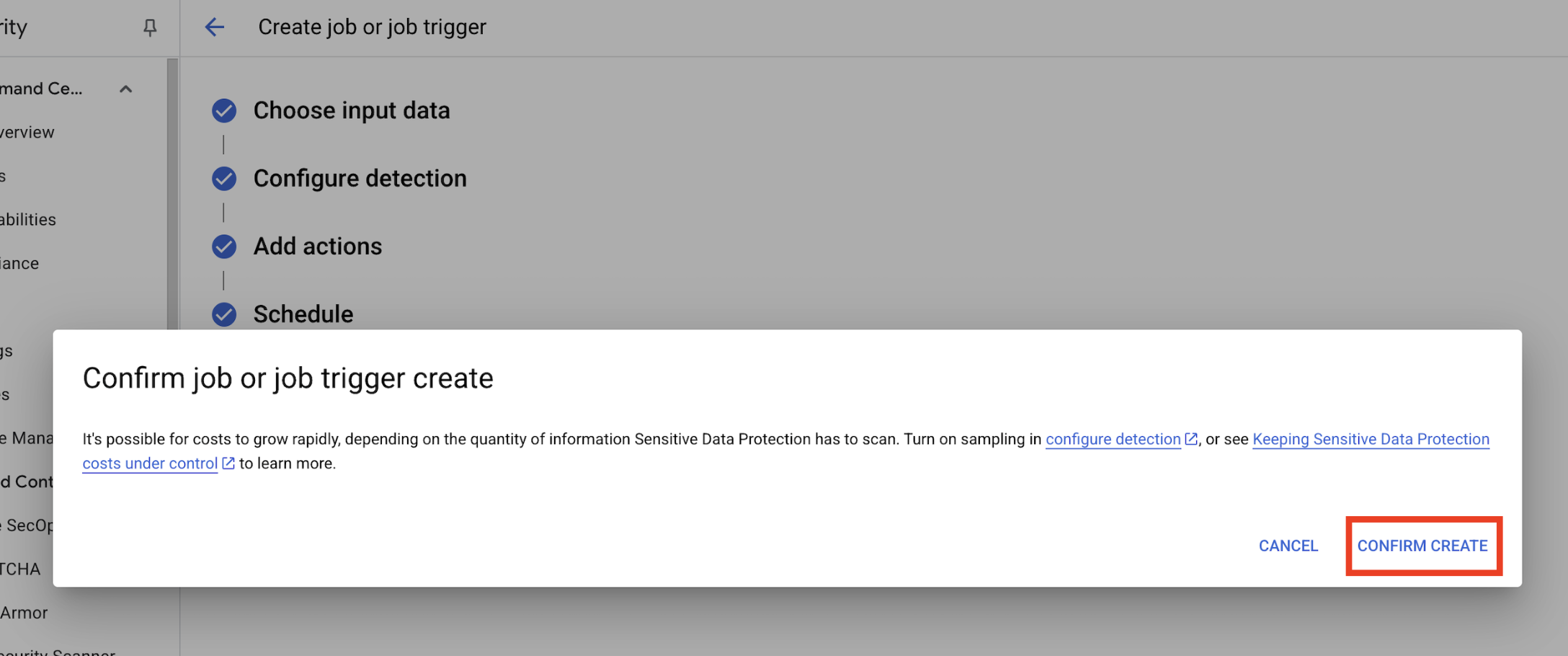 Screenshot of the Confirm job or job trigger create pop-up