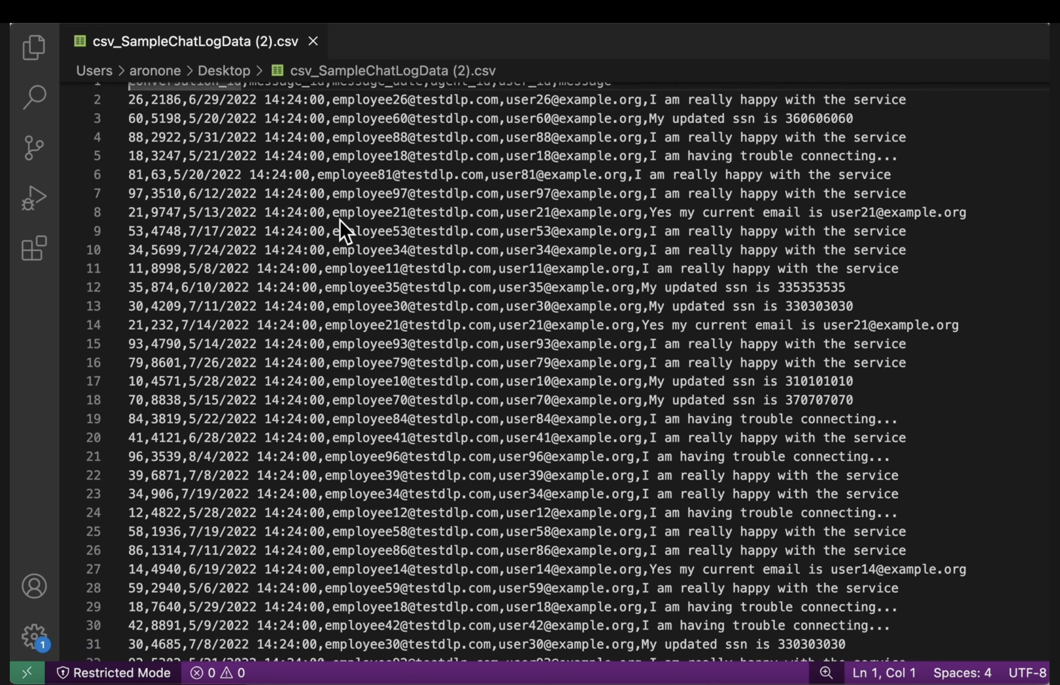 Screenshot comparing raw CSV data (showing emails and SSNs) and redacted CSV data (showing masked emails and SSNs).