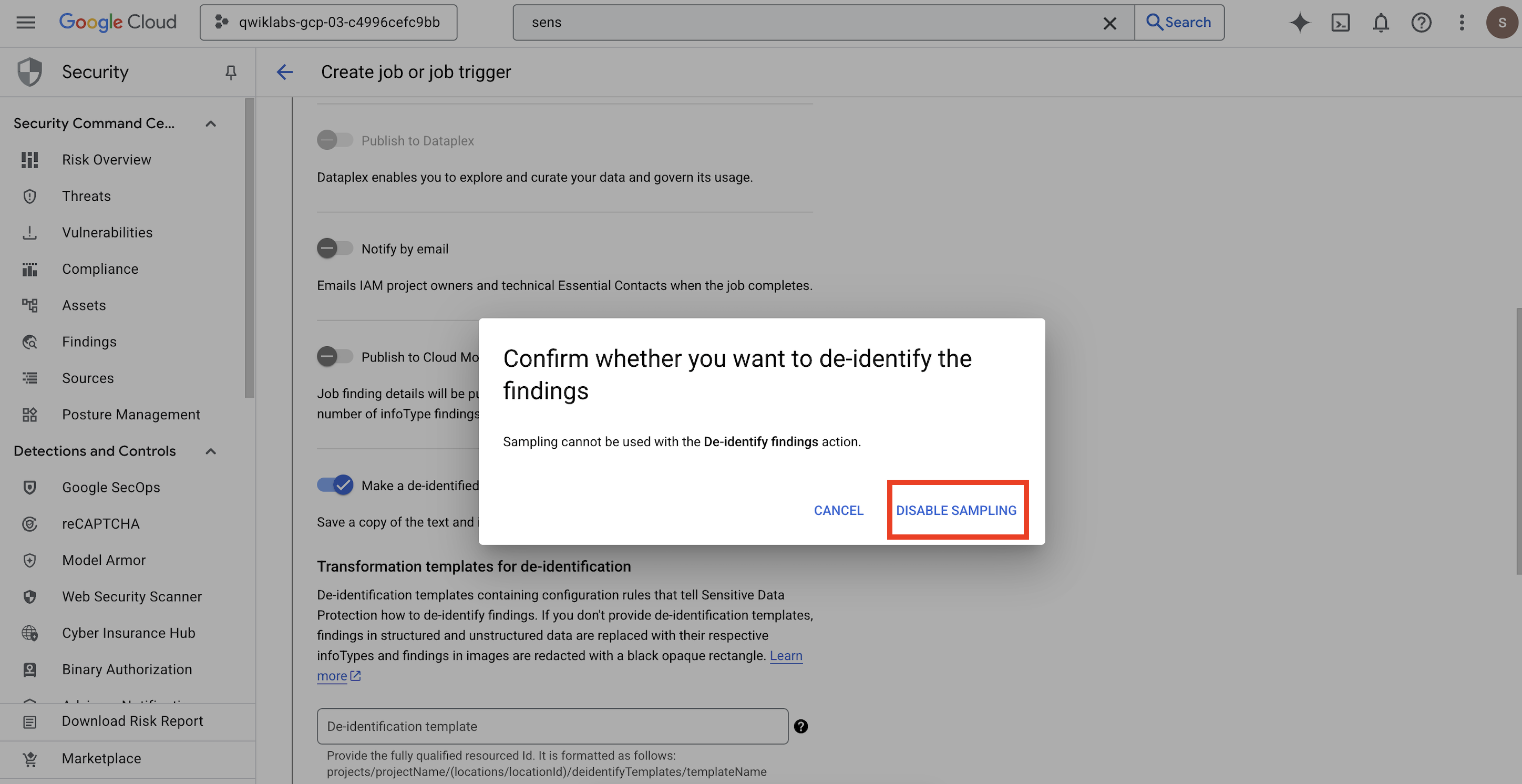 Screenshot of the pop-up asking to disable sampling