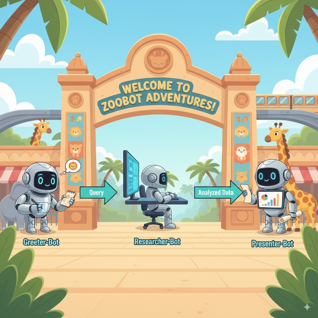 Three robots are depicted: a Greeter-Bot on the left writes on a notepad with a thought bubble of a lion, a Researcher-Bot in the center sits at a desk with a computer displaying data and a query arrow pointing towards it, and a Presenter-Bot on the right smiles while holding a chart labeled Analyzed Data, with an arrow pointing to it from the Researcher-Bot. Giraffes and elephants are visible in the background, and palm trees frame the scene.