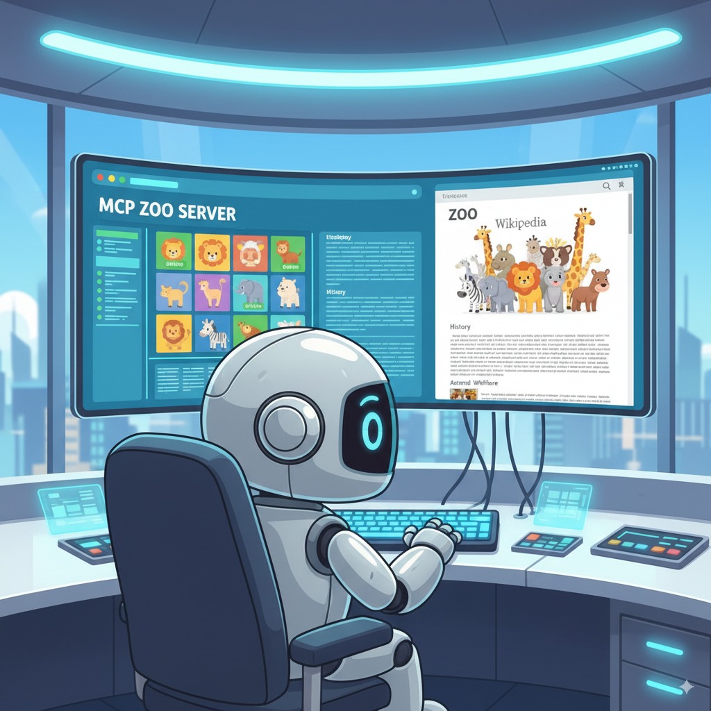 The robot, with glowing blue eyes, sits in front of a large curved monitor displaying MCP ZOO SERVER on the left and a ZOO Wikipedia page on the right. Animal icons are visible on the server interface. The desk has multiple glowing blue touchpads. The background shows a city skyline through large windows.