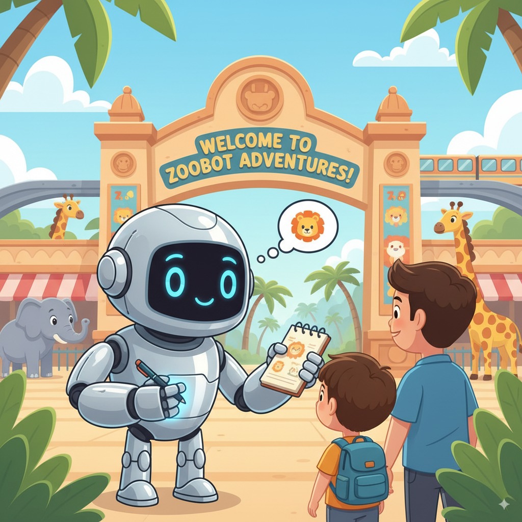 The friendly-looking robot holds a notepad with animal drawings and a thought bubble of a lion, talking to a man and a young boy with a backpack. Giraffes and other zoo elements are in the background, with palm trees framing the entrance.