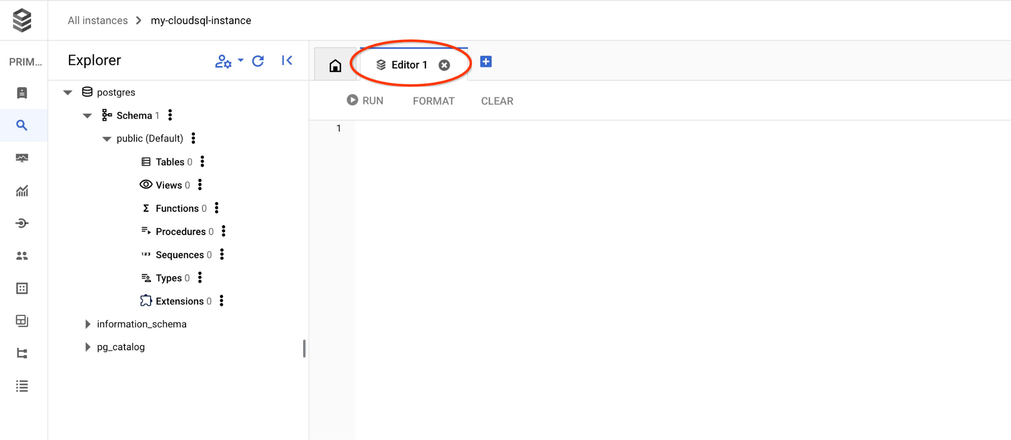 Cloud SQL Studio SQL editor tab