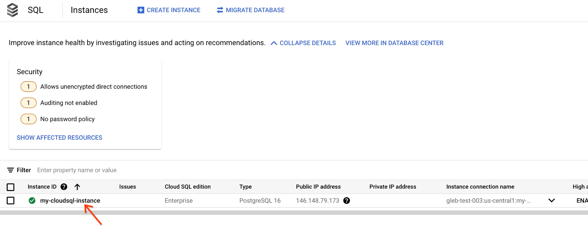 Cloud SQL instances list in Google Cloud console