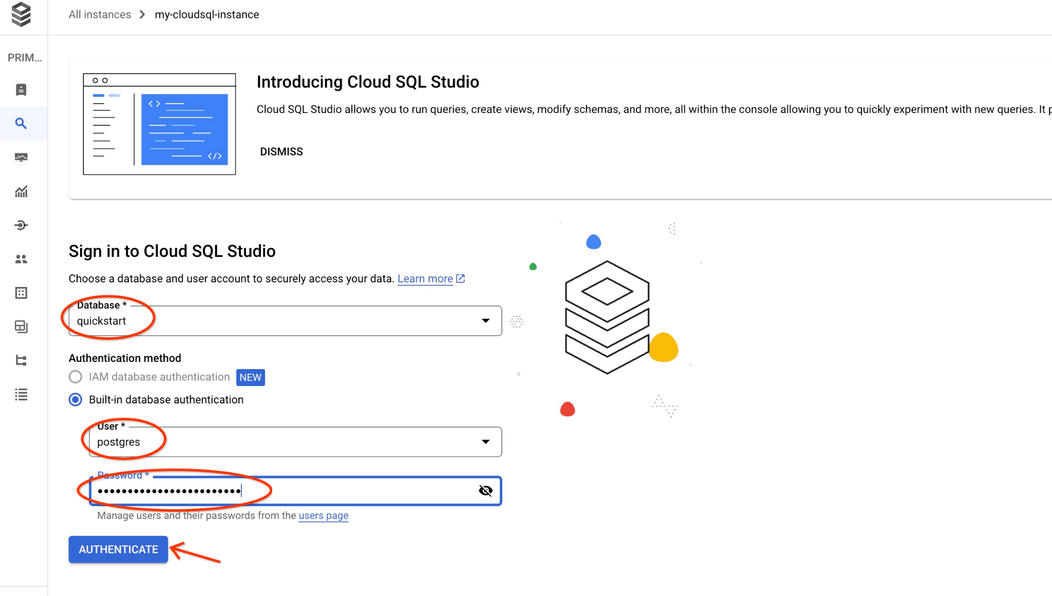 Cloud SQL Studio authentication dialog