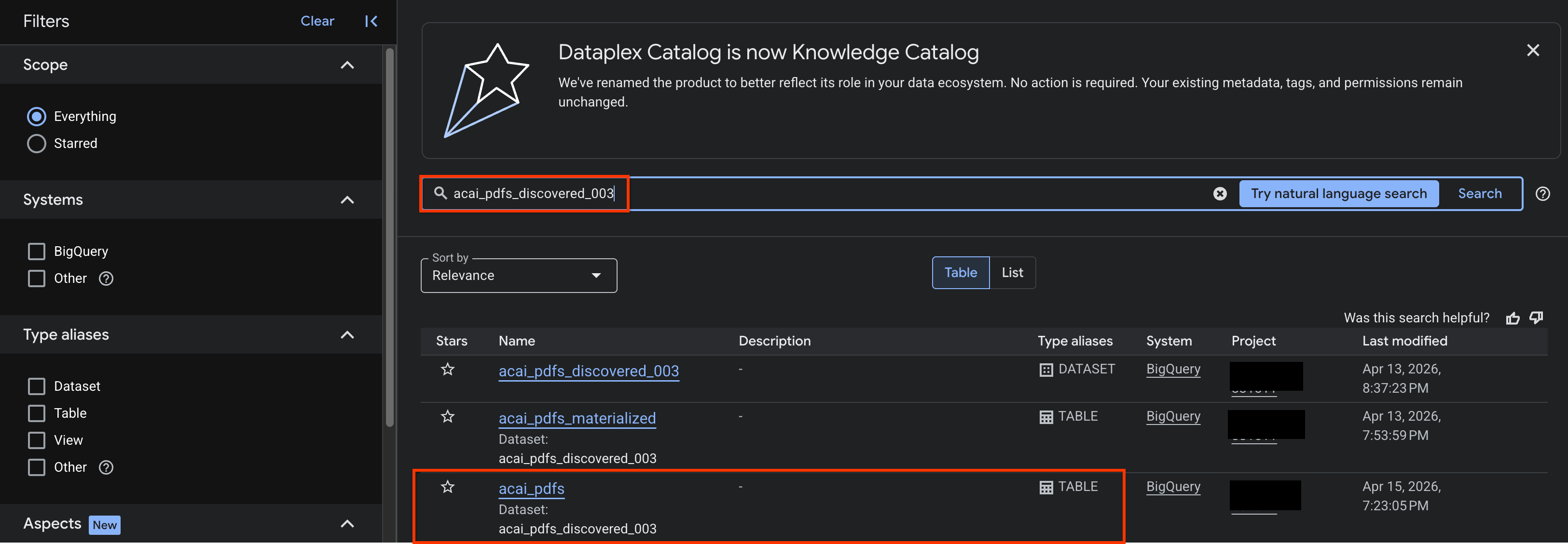 View the table in Knowledge Catalog